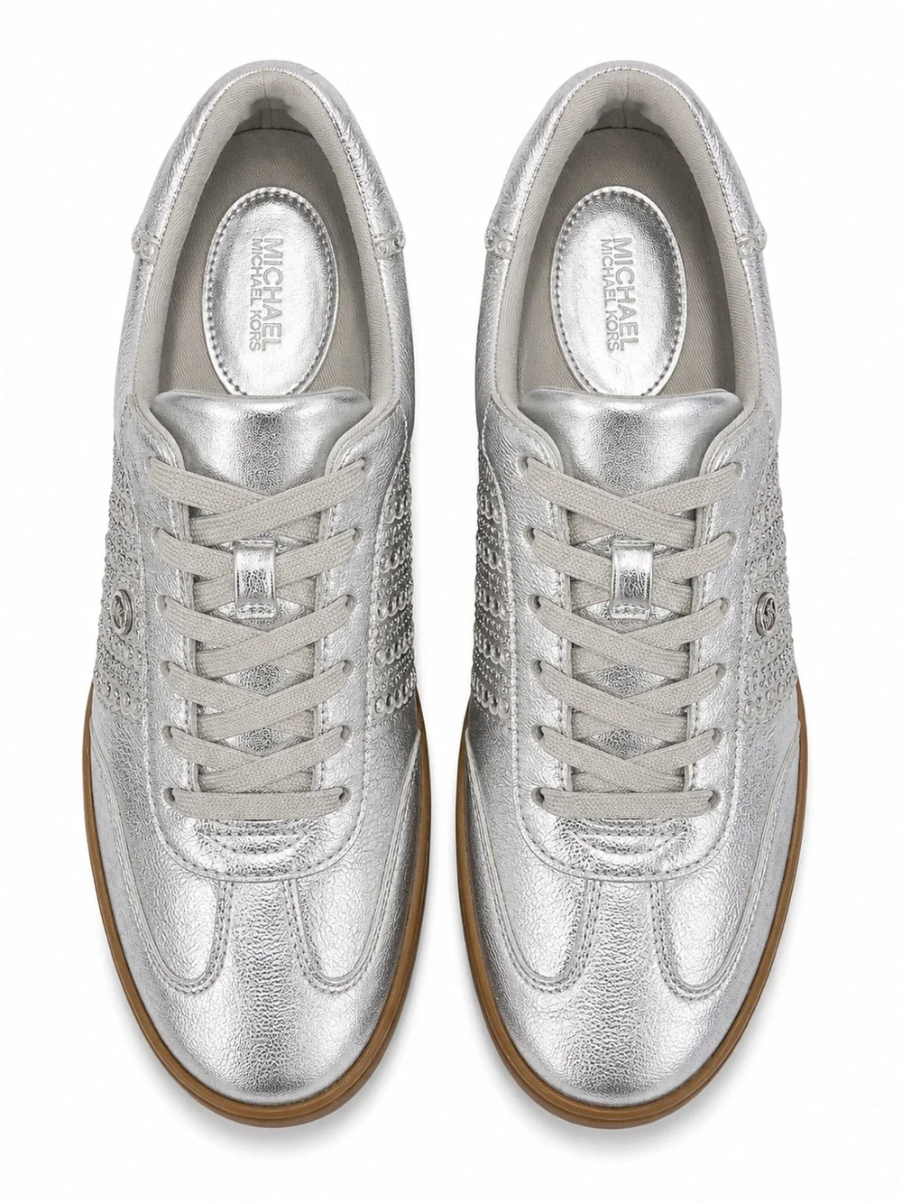Michael Kors Scotty Lace Up Metallic Silver w/Rhinestones Women's Sneakers 8.5